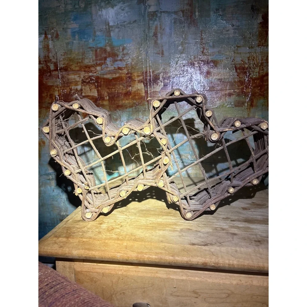 Rustic Double Heart Twig Basket Primitive Grapevine Woven Decor Brown 13.5in